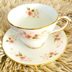 Vintage teacup and saucer, Duchess Bone China, England, pink flowers